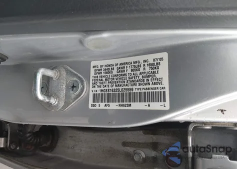 2005 Honda Civic Vp z USA, uszkodzony, nr VIN 1HGES16325L025559